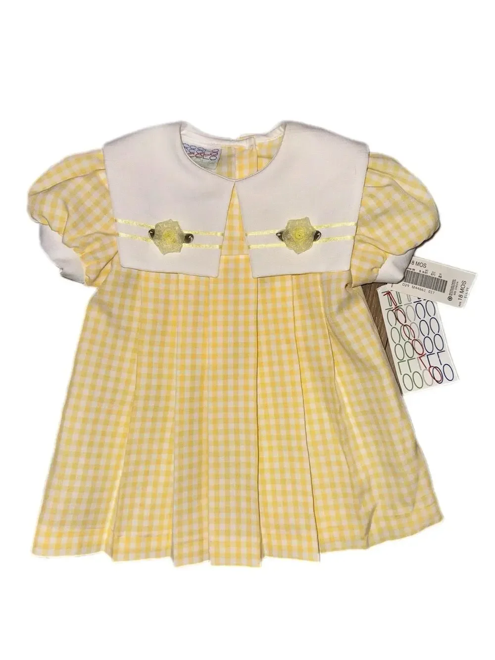 NWT Piccolo Vintage Yellow Gingham Pleated Baby Dress White Sailor Collar 18M